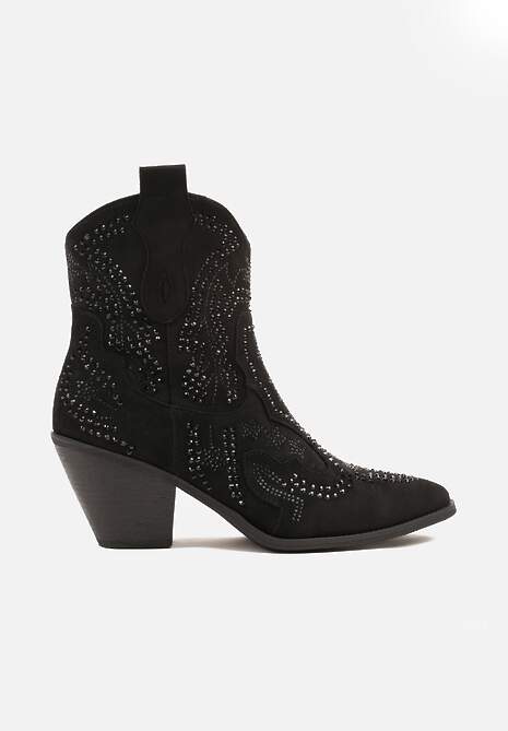 Czarne Kowbojki Botki Ozdobione Cyrkoniami na Stożkowym Słupku Tulmira