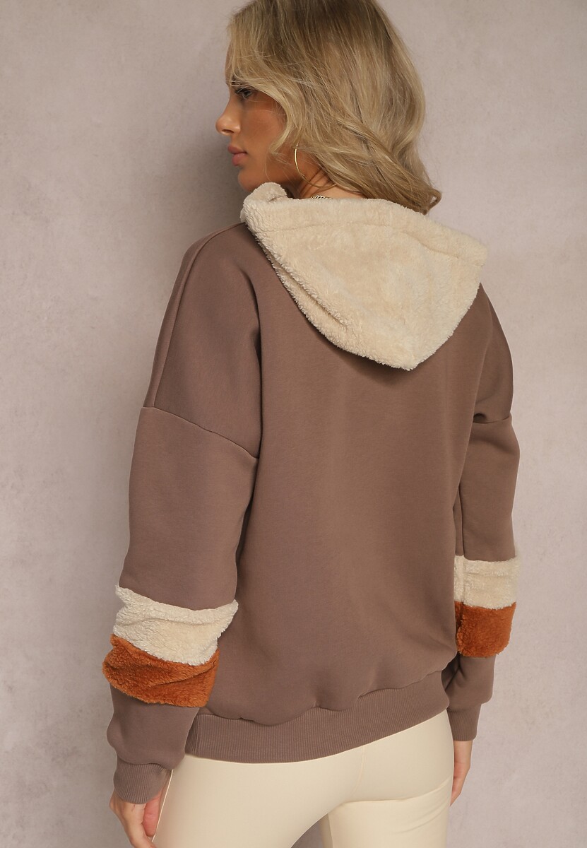 Brązowa Bawełniana Bluza z Kapturem i Wstawkami z Polaru Qilin