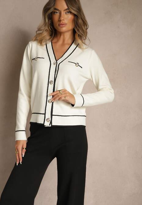 Jasnobeżowy Komplet z Dzianiny Spodnie Wide Leg i Retro Kardigan Giosila