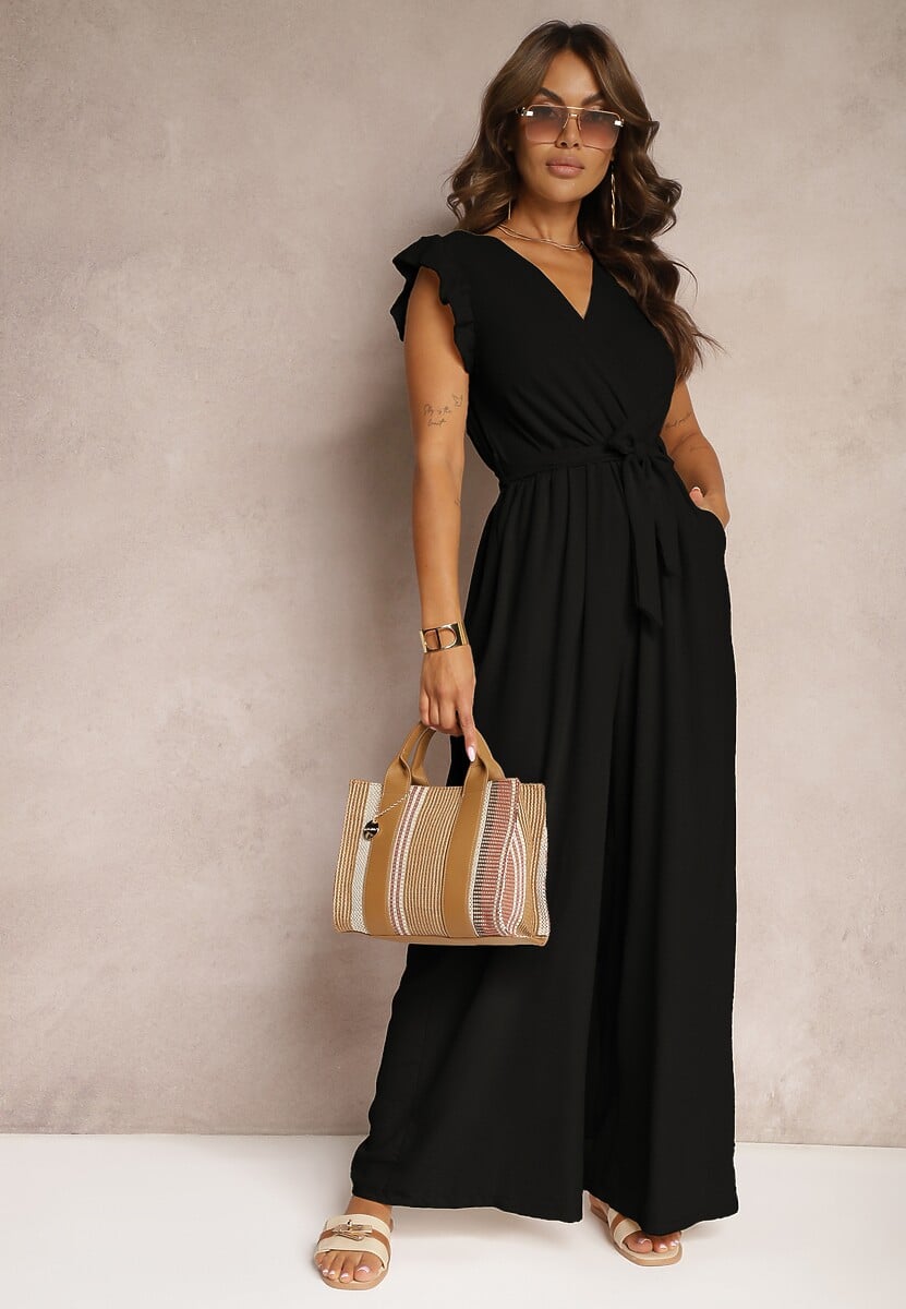 Jasnoróżowy Koktajlowy Kombinezon Wiązany Paskiem Wykończony Falbankami przy Ramionach Vimaseni