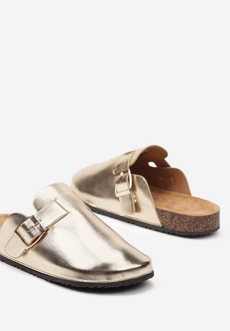 Złote Klapki w Stylu Mules na Korkowej Podeszwie ze Sprzączką Patala