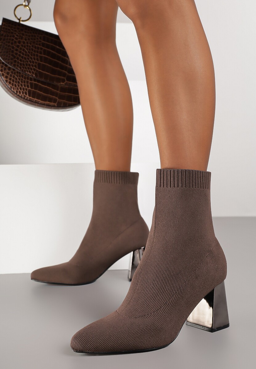 Brązowe Skarpetkowe Botki Vices na Metalicznym Słupkowym Obcasie Widvira