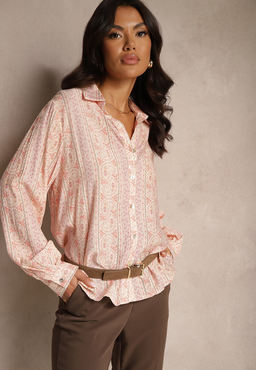 Beżowa Koszula z Wiskozy Zdobiona Drobnym Kwiatowym Wzorem Aredina