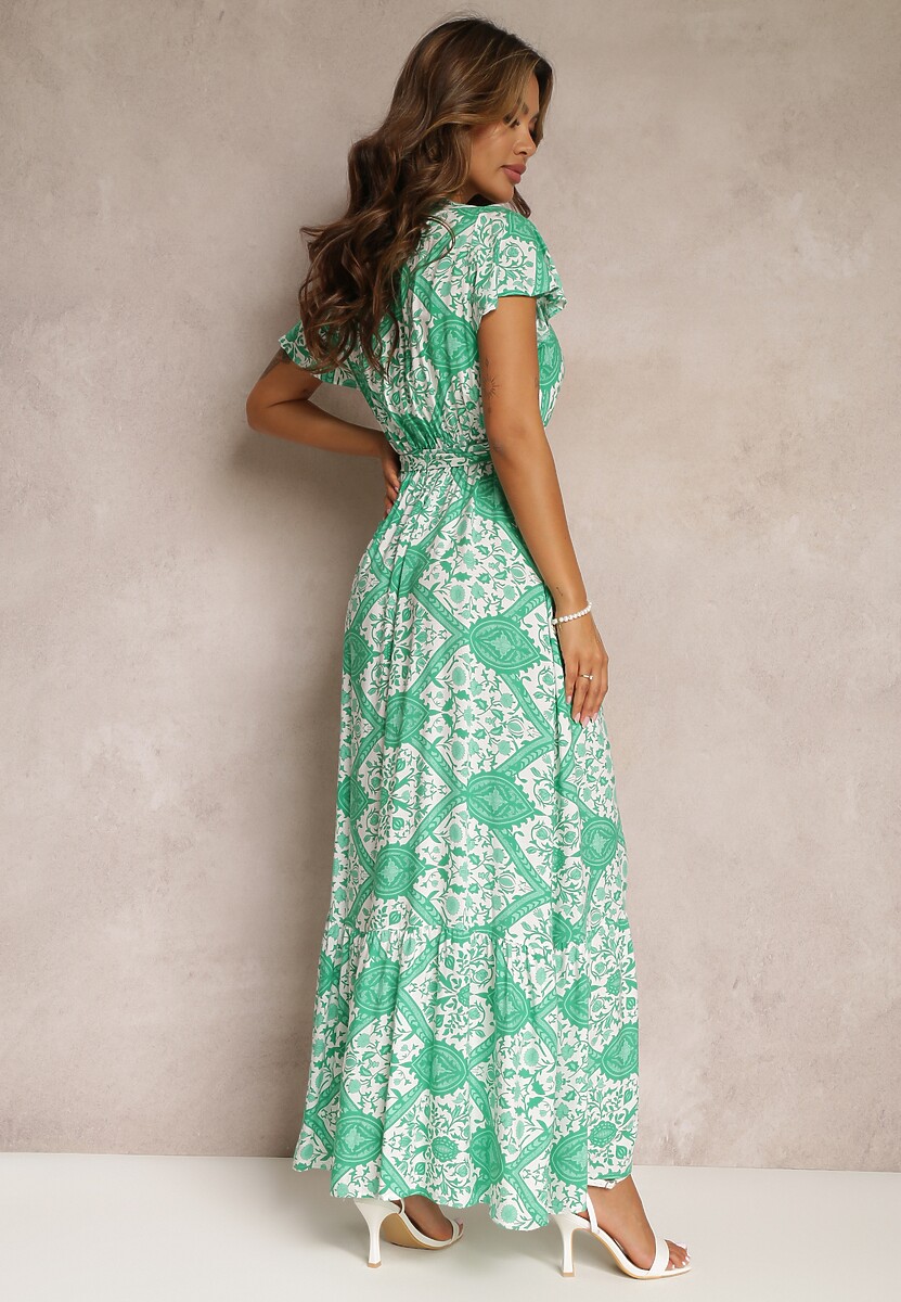 Zielona Rozkloszowana Sukienka z Kopertowym Dekoltem i Wiązanym Paskiem Brynis