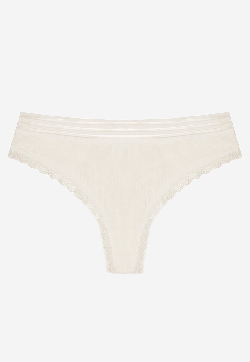 Białe Bawełniane Majtki o Kroju Stringów Ozdobione Koronką i Gumką w Paski Torllana