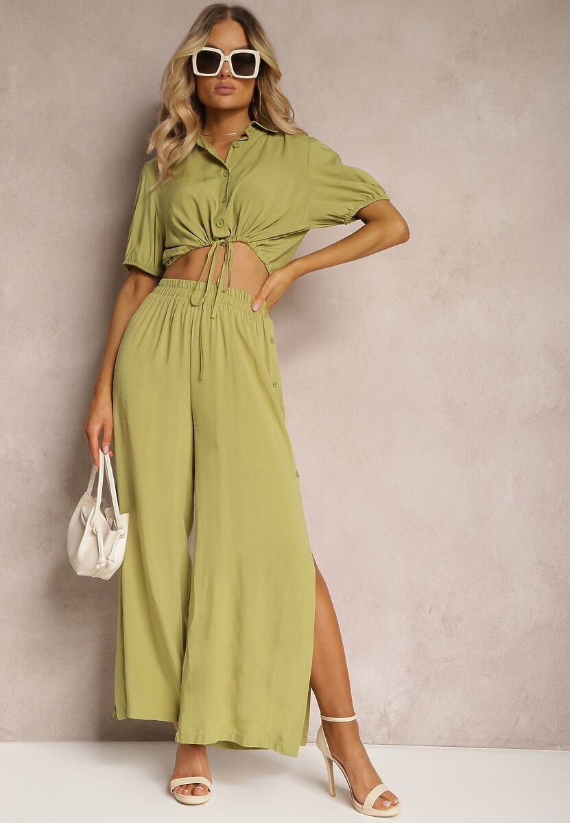 Zielony Komplet z Bawełny w Stylu Utility Koszula i Szerokie Spodnie Veola