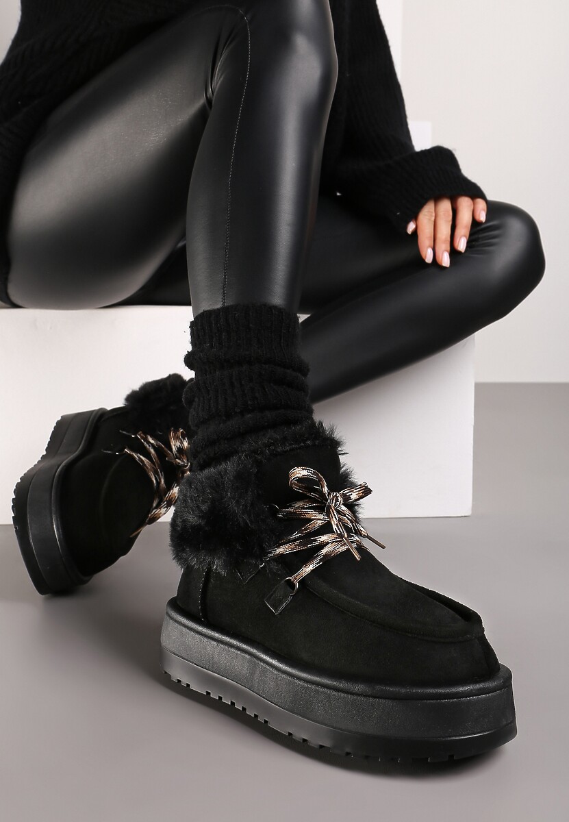 Czarne Sznurowane Śniegowce na Platformie Ocieplone Futerkiem Liatheine