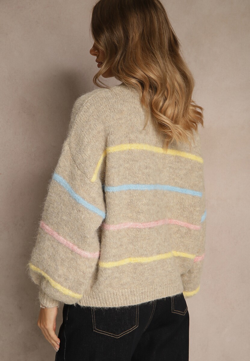 Beżowy Sweter o Nietoperzowym Fasonie z Dodatkiem Wełny w Paseczki Ralinatia