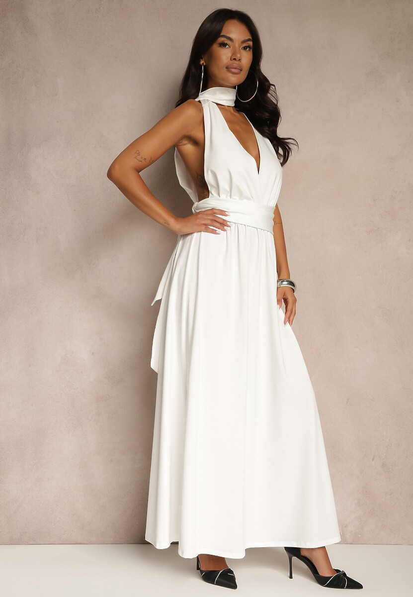 Biała Sukienka Koktajlowa Multiway z Wiskozą Wiązana na Szyi Lilovea