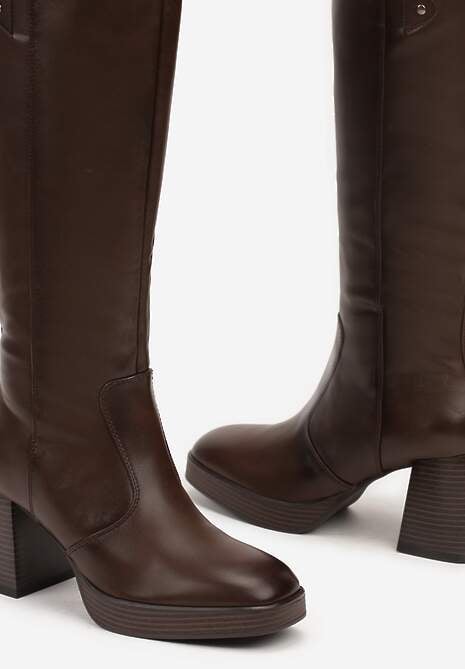 Brązowe Kozaki na Platformie i Słupku z Lekkim Ociepleniem Hanissea