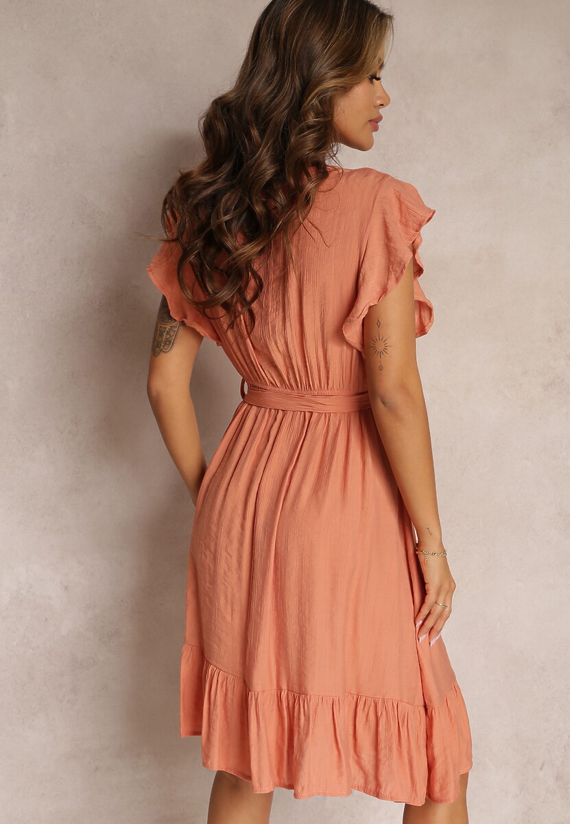 Pomarańczowa Rozkloszowana Sukienka z Gumką w Pasie i Kopertowym Dekoltem Araunya