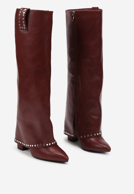 Bordowe Kozaki na Słupku Ozdobione Nitami i Wywiniętą Cholewką Verien