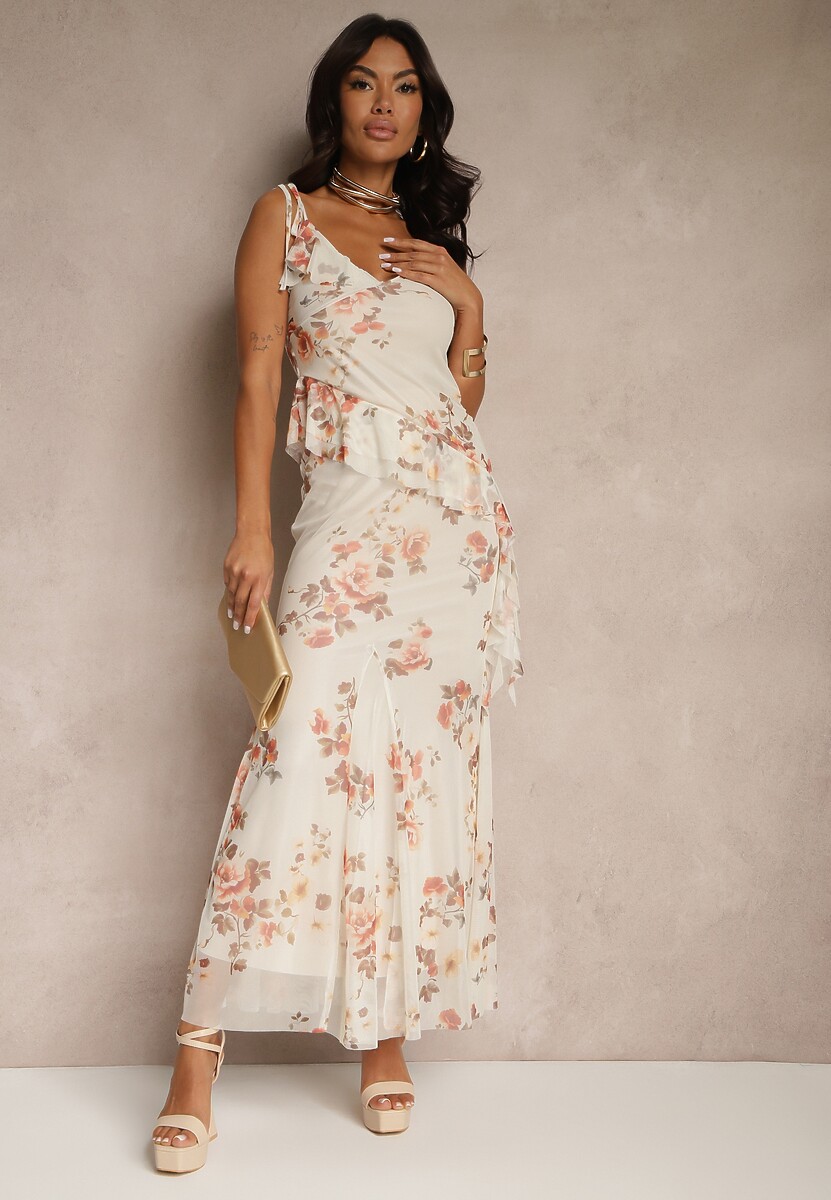 Beżowy Komplet w Kwiatowy Wzór Spódnica i Top Zdobiony Falbanami i Wiązaniem Saraveira