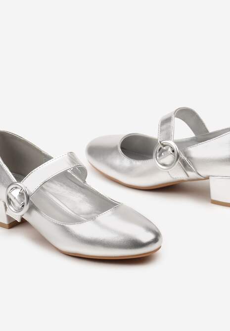 Srebrne Czółenka na Słupku z Paskiem i Klamerką Sisilsha