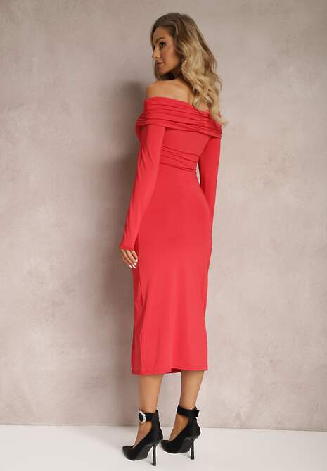 Czerwona Marszczona Sukienka Midi Dopasowana Dolnas