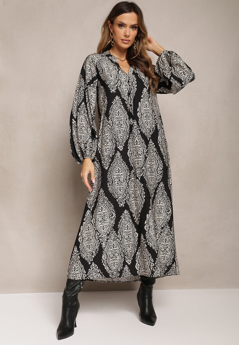 Czarna Rozkloszowana Sukienka Maxi w Fantazyjny Print Abhik