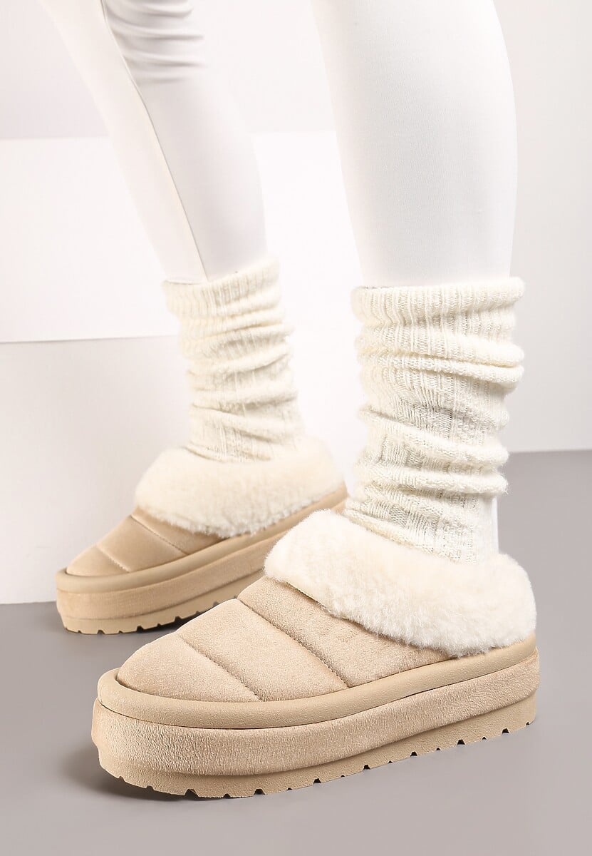 Beżowe Wsuwane Śniegowce na Platformie Ozdobione Futerkiem Sinthiana