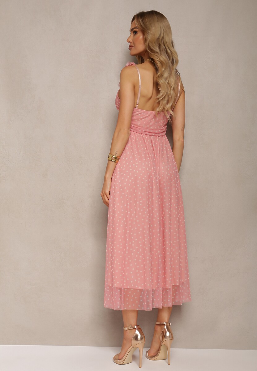 Jasnoróżowa Sukienka Rozkloszowana na Cienkich Ramiączkach z Gumką w Pasie i Tiulem Cevalla