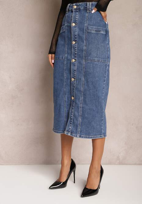 Niebieska Jeansowa Spódnica Midi Zapinana na Guziki Mimmera