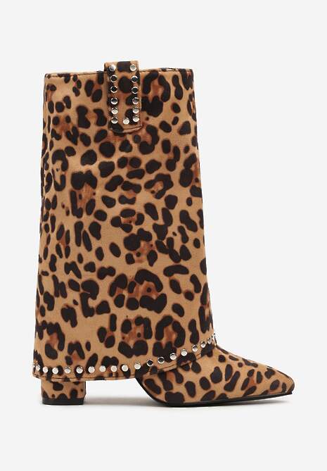 Brązowe Botki Kowbojki na Słupku w Panterkę z Nitami na Podwiniętej Cholewce Vaimi