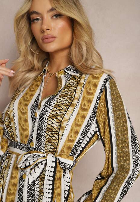 Żółta Wiskozowa Sukienka Koszulowa z Paskiem w Talii Rozkloszowana Urdiasa