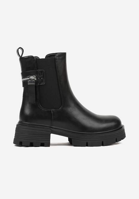 Czarne Botki Typu Sztyblety na Platformie Ozdobione Aplikacją Nemalea