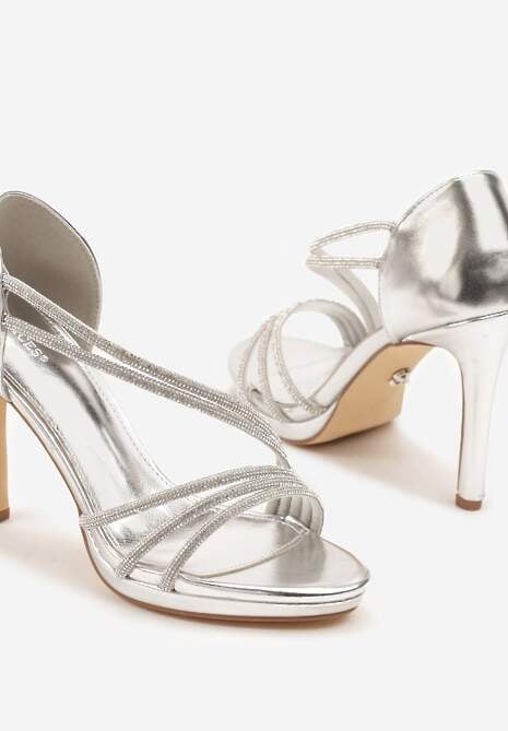 Srebrne Sandały Vices na Szpilce Ozdobione Cyrkoniami Noritia