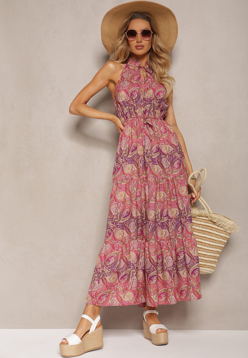 Fioletowo-Różowa Sukienka w Stylu Boho Bez Rękawów z Gumką w Pasie i Wiązaniem przy Dekolcie Yisa