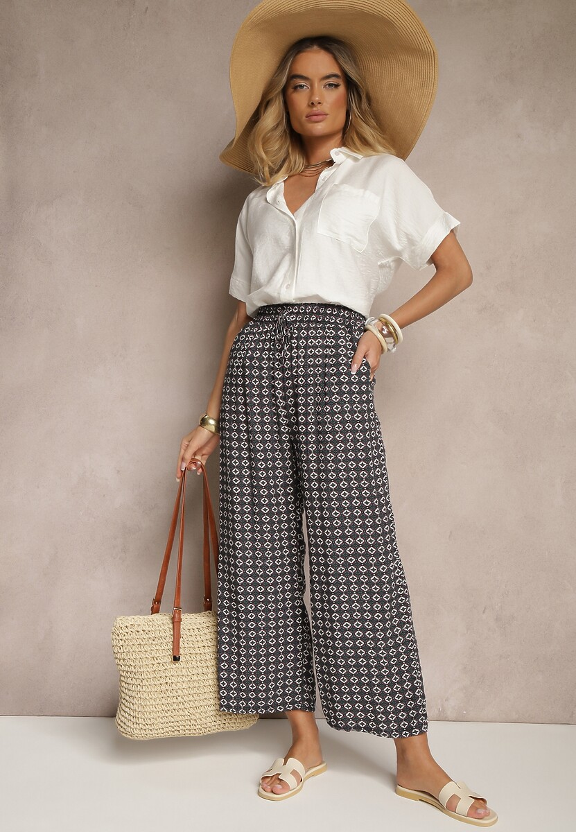 Ciemnozielone Spodnie o Szerokim Kroju High Waist z Geometrycznym Wzorem Farisia