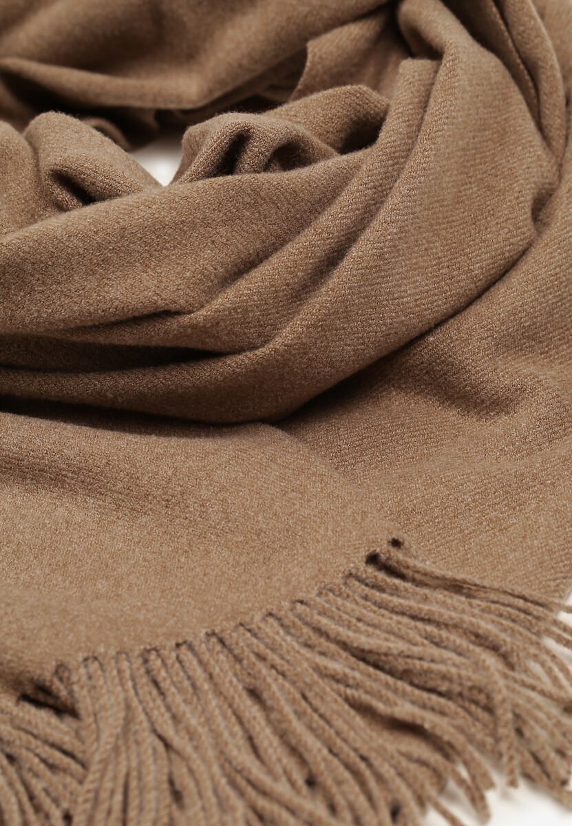 Ciemnobeżowy Długi Szalik Wiskozowy z Wełną Ozdobiony Frędzlami Portina