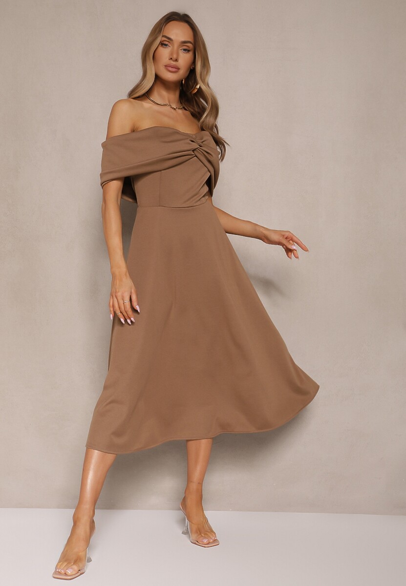 Brązowa Sukienka Rozkloszowana Ozdobiona Kokardą Odarra