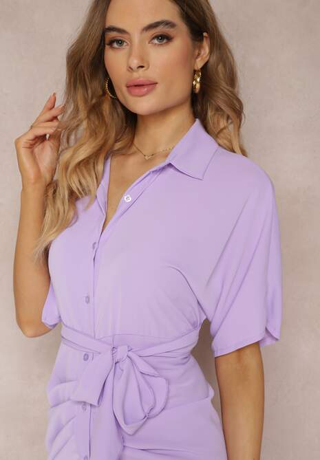 Fioletowa Sukienka Koszulowa Wiązana z Przodu z Marszczeniem Raimona