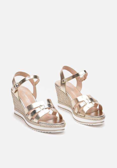 Złote Sandały z Ekoskóry na Koturnie Zapinane przy Kostce na Sprzączkę Natalea