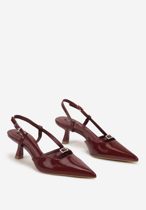 Bordowe Czółenka na Szpilce Typu Kaczuszka Peep Toe Ozdobione Klamrami Evalssia