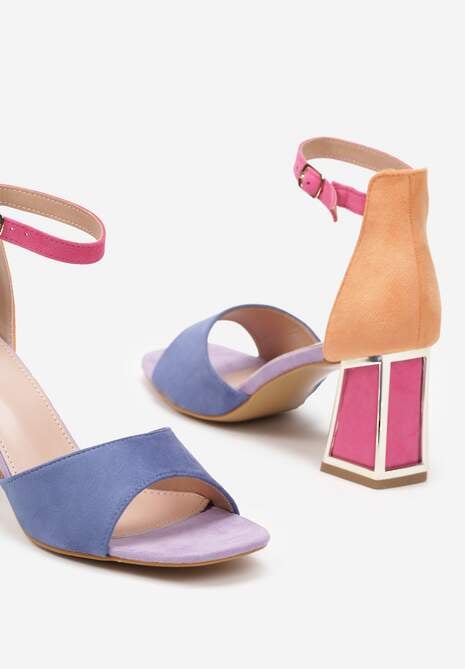 Niebiesko-Różowe Sandały z Ekoskóry na Słupku z Metalicznym Wykończeniem Zapinane przy Kostce Dannesia