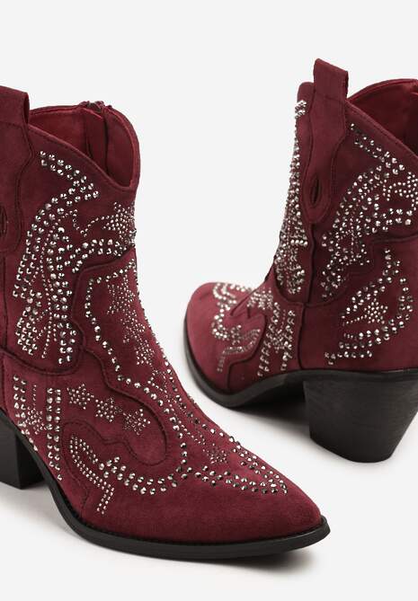 Bordowe Kowbojki Botki Ozdobione Cyrkoniami na Stożkowym Słupku Tulmira