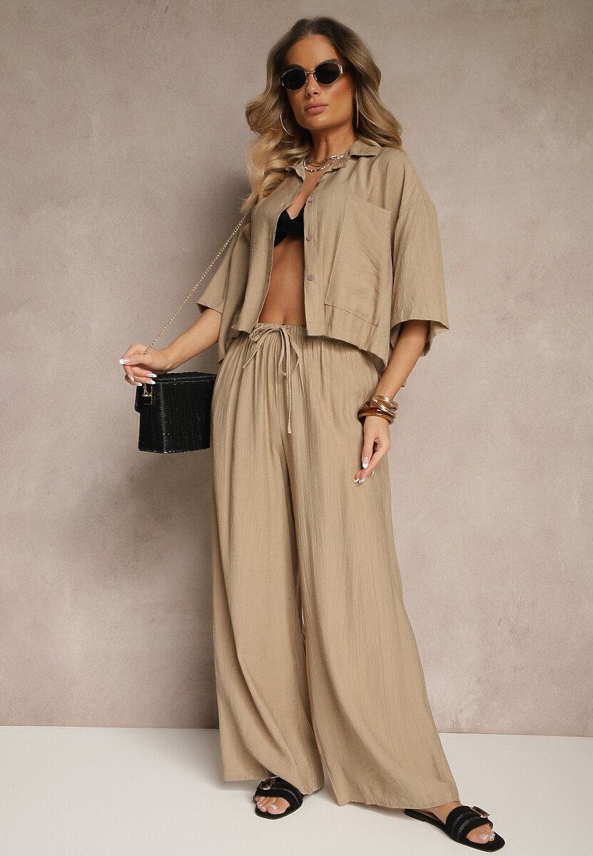 Ciemnobeżowy Komplet z Wiskozy o Kroju Oversize Koszula i Spodnie Dovaraella