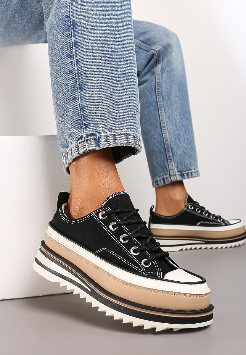 Granatowe Trampki na Ozdobnej Platformie ze Sznurowaniem Moonoria