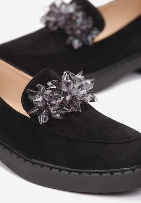 Czarne Mokasyny z Kryształkami i Wkładką ze Skóry Naturalnej Limiha