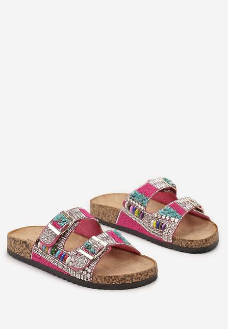 Fuksjowe Klapki ze Sprzączkami Ozdobione Kryształkami i Koralikami  Paura