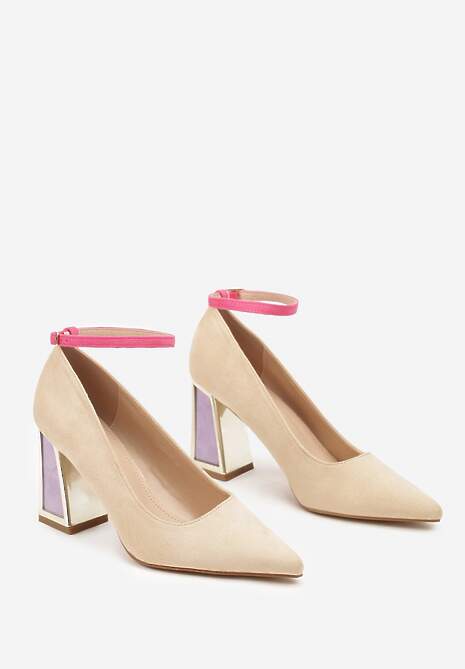 Beżowe Czółenka na Słupku Ozdobione Paskiem i Metaliczną Aplikacją Lannethe