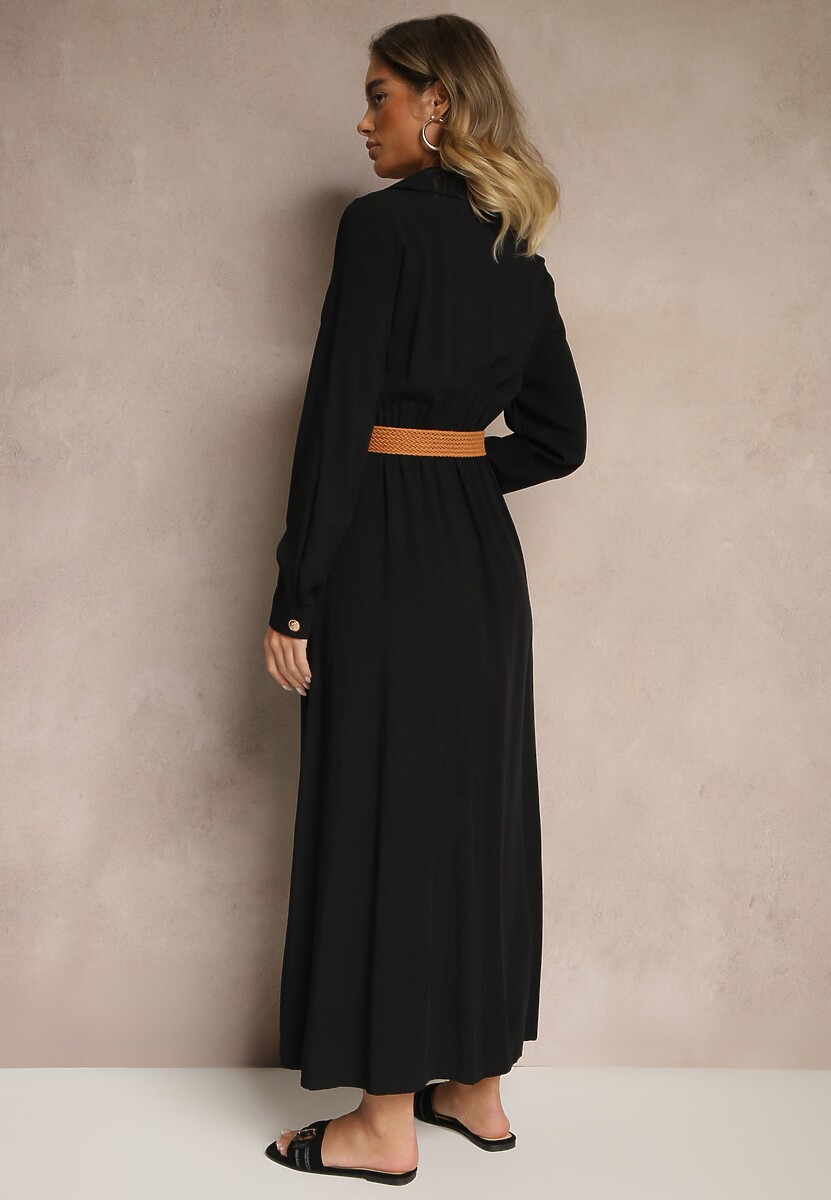 Czarna Wiskozowa Sukienka o Rozkloszowanym Kroju z Paskiem i Rozcięciem Reirissa