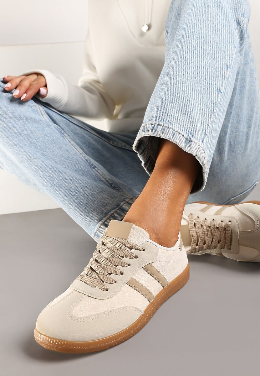 Beżowe Casualowe Sneakersy z Ekozamszu na Płaskiej Podeszwie Pemeriana