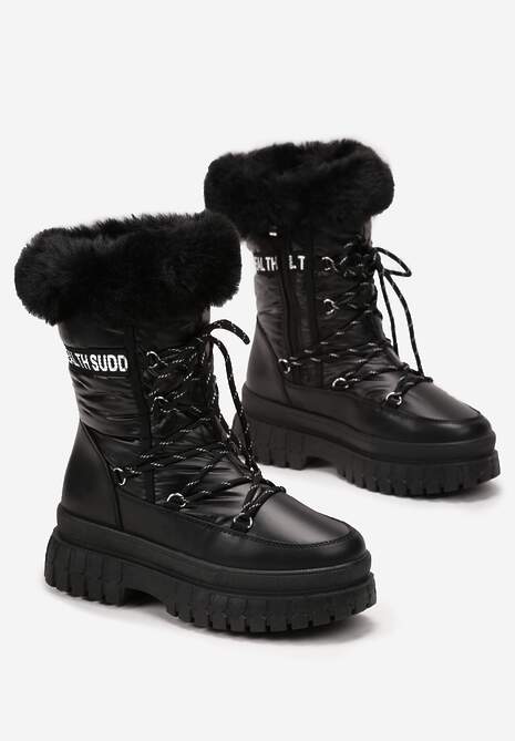 Czarne Śniegowce na Grubej Podeszwie z Futerkiem i Nadrukiem Juewa