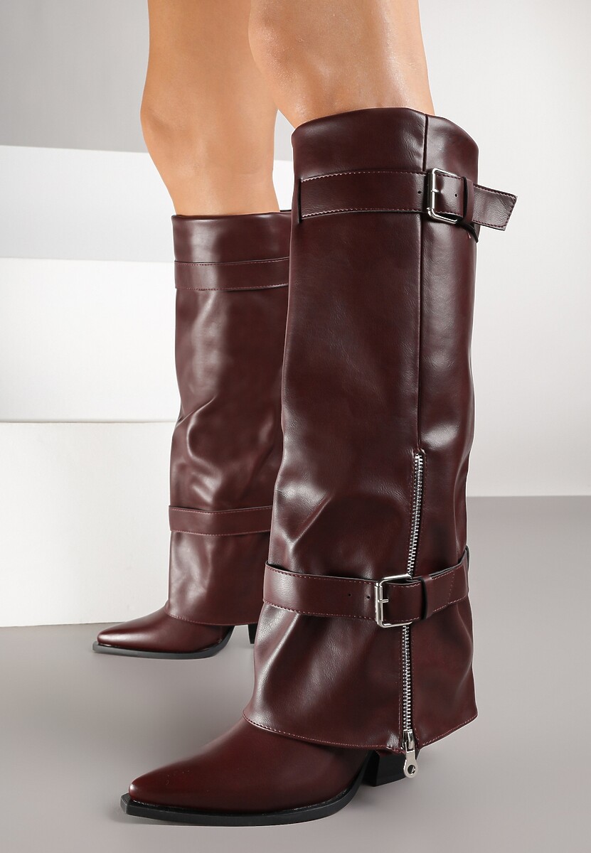 Bordowe Kozaki na Stożku z Cholewką Imitującą Nogawkę z Klamrami i Suwakiem Erseria