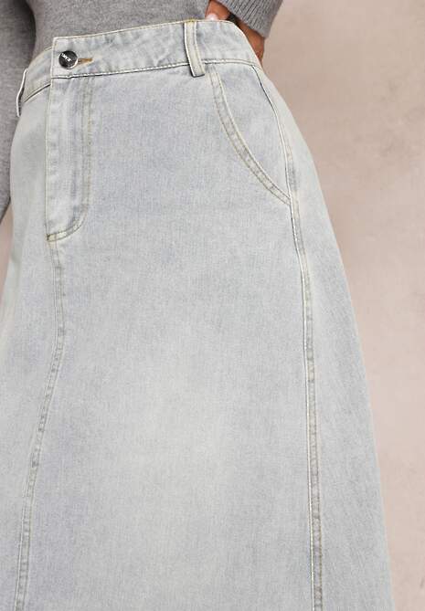 Jasnoniebieska Jeansowa Spódnica Maxi o Rozkloszowanym Kroju z Paskiem Teviva