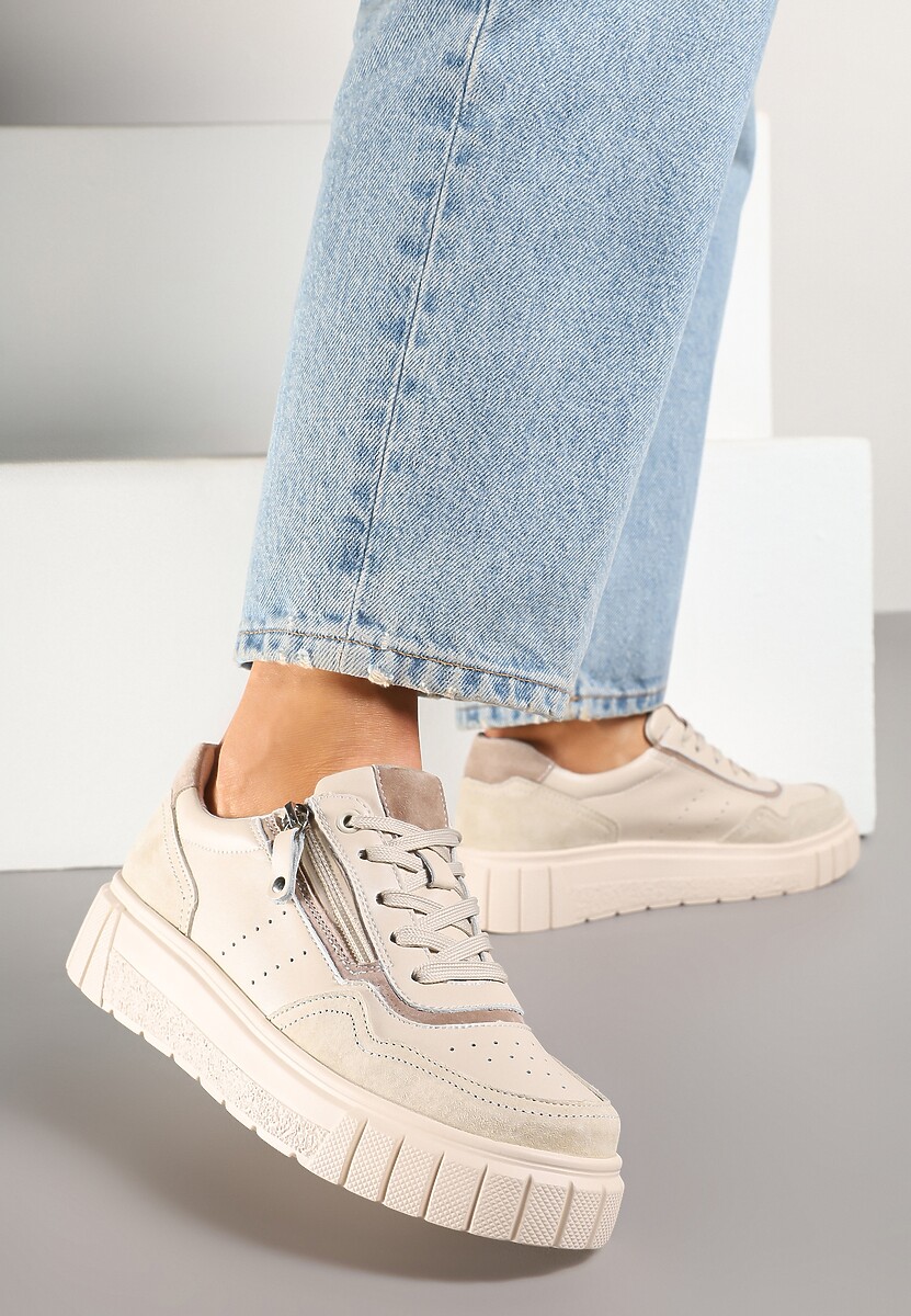 Beżowo-Niebieski Streetwearowe Sneakersy ze Skóry Naturalnej z Ozdobnym Suwakiem Eleavenna