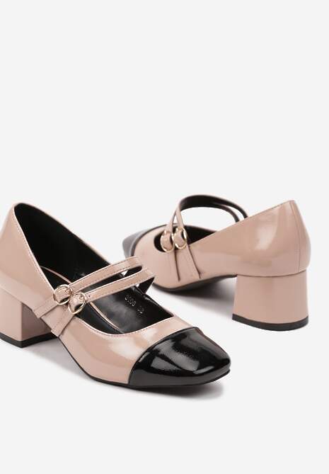 Beżowe Lakierowane Czółenka na Obcasie z Kwadratowym Noskiem i Podwójnym Paskiem Rearielith