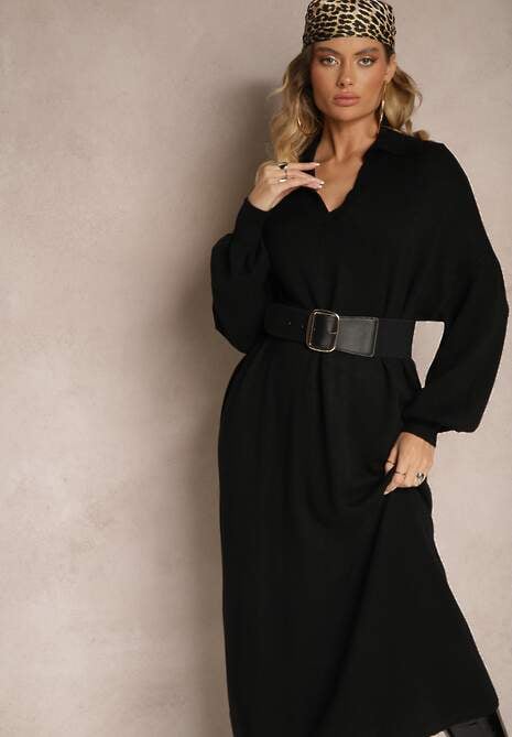 Czarna Sweterkowa Sukienka z Wiskozą o Pudełkowym Kroju Ozdobiona Kołnierzykiem Clarinnae