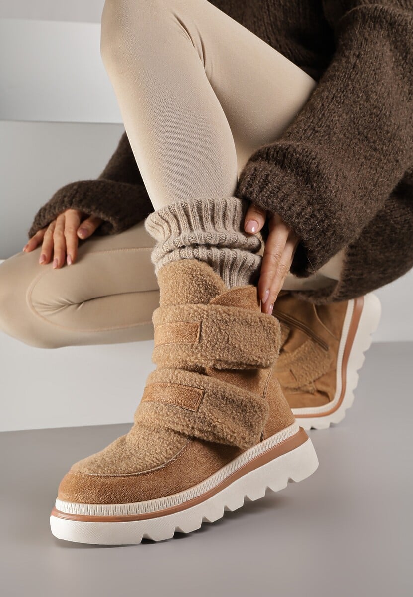 Brązowe Botki Typu Śniegowce na Platformie z Dwoma Ozdobnymi Rzepami Edarlia